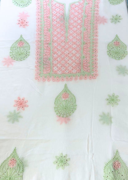 Firgun White Lucknowi Chikankari & Mukaish Work Viscose Georgette Unstitched Kurta & Dupatta Set
