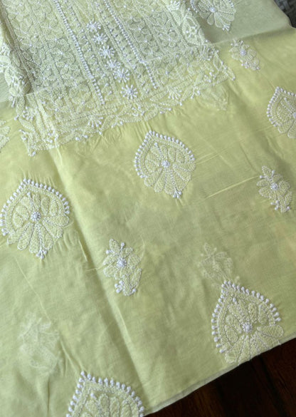 Firgun Lemon Lucknowi Chikankari Cotton Unstitched Kurta
