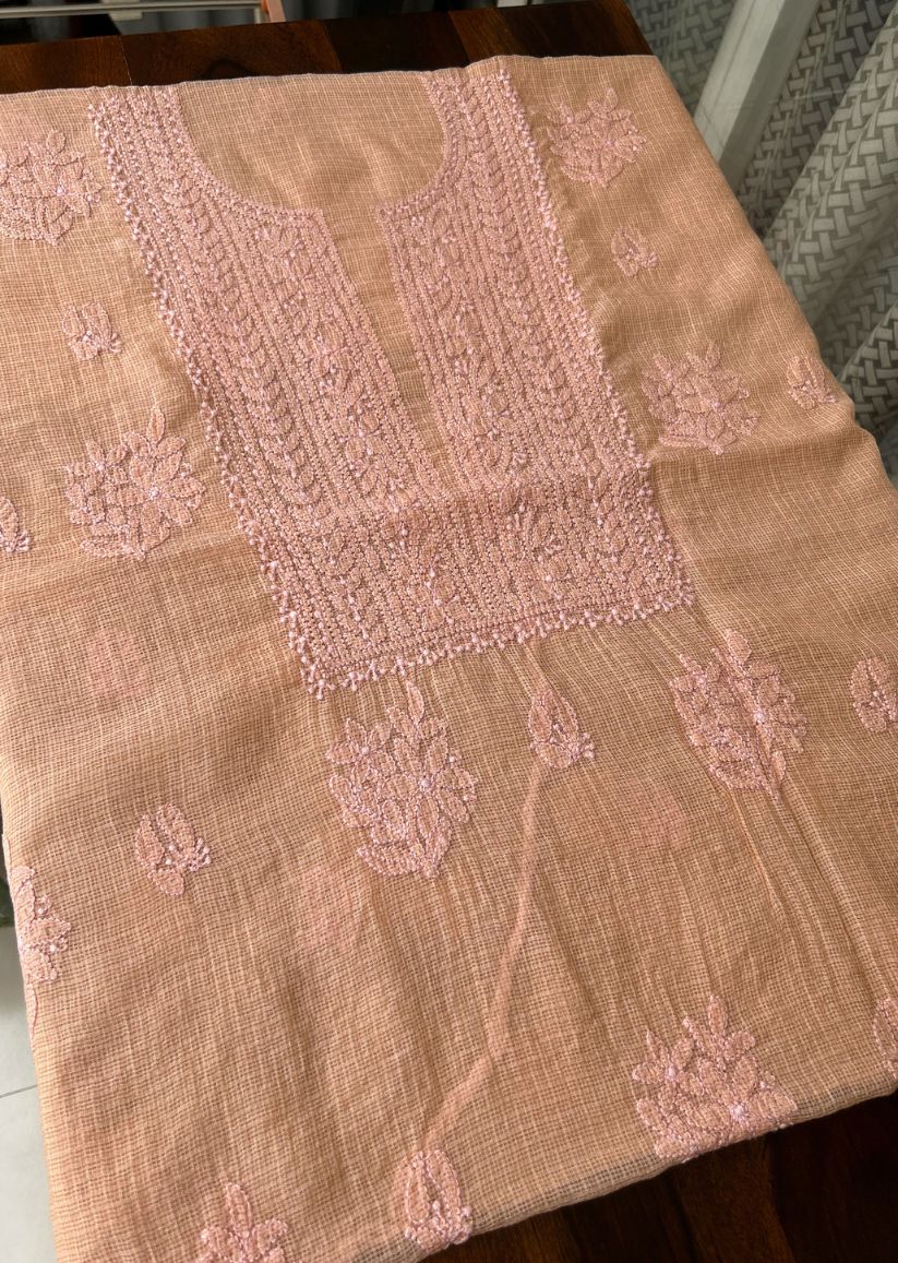 Firgun Apricot Lucknowi Chikankari Kota Unstitched Kurta & Dupatta Set