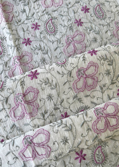 Firgun White Lucknowi Chikankari with Violet & Grey Work Mul Chanderi Unstitched Kurta & Dupatta Set