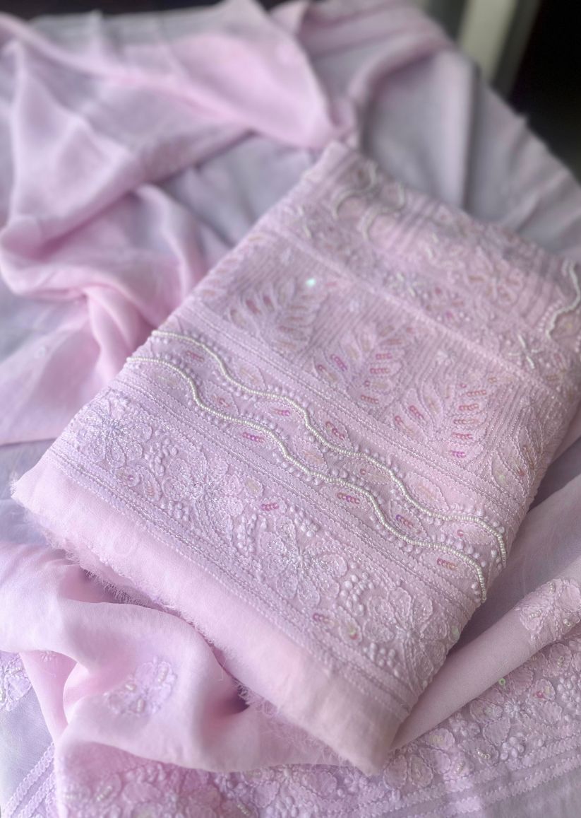 Firgun Baby Pink Lucknowi Chikankari Viscose Georgette Unstitched Kurta & Dupatta Set