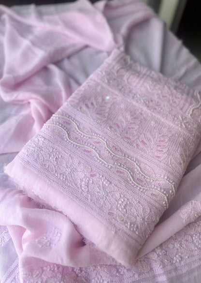 Firgun Baby Pink Lucknowi Chikankari Viscose Georgette Unstitched Kurta & Dupatta Set