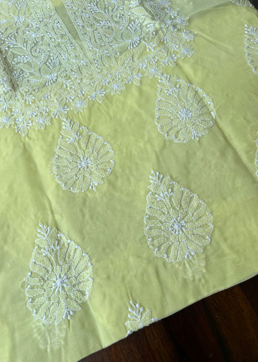 Firgun Lemon Yellow Lucknowi Chikankari Cotton Unstitched Kurta