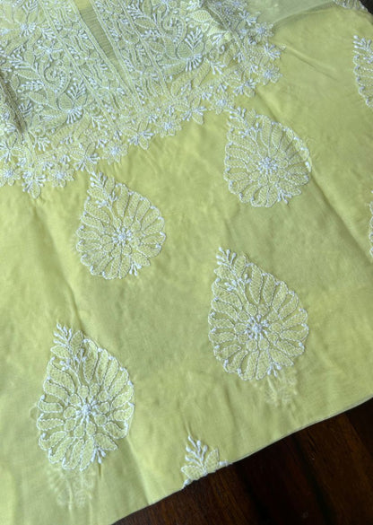 Firgun Lemon Yellow Lucknowi Chikankari Cotton Unstitched Kurta