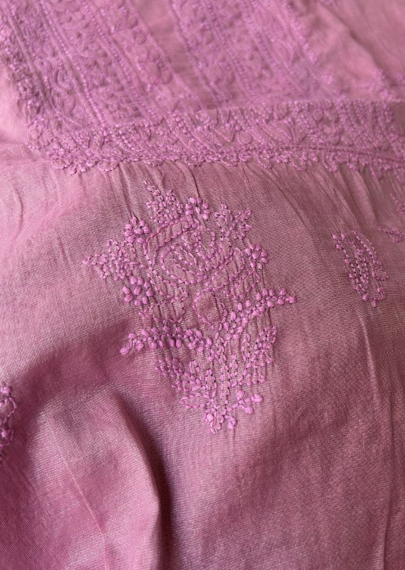 Firgun Pink Lucknowi Chikankari Chanderi Silver Tissue Kurta Dupatta Set