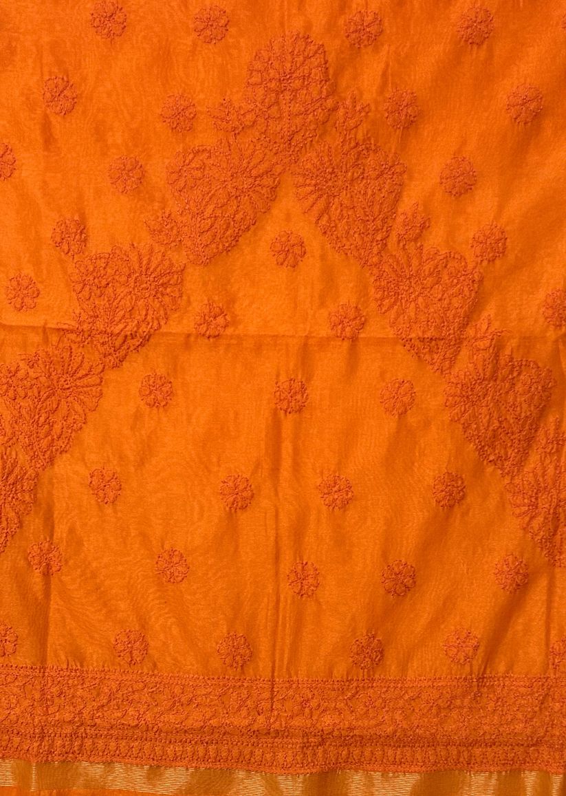 Firgun Orange Lucknowi Chikankari Chanderi Saree with Unstitched Blouse Piece