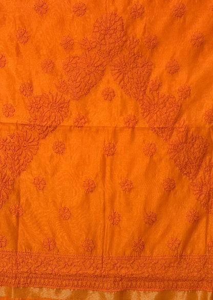 Firgun Orange Lucknowi Chikankari Chanderi Saree with Unstitched Blouse Piece