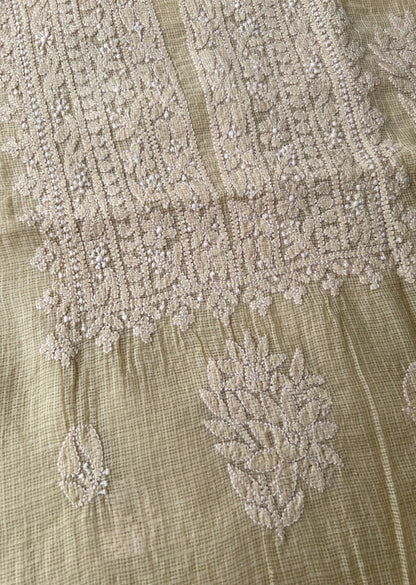 Firgun Beige Lucknowi Chikankari Kota Unstitched Kurta & Dupatta Set