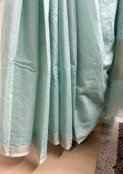 Firgun Mint Green Lucknowi Chikankari Mul Cotton Saree with Unstitched Blouse Piece