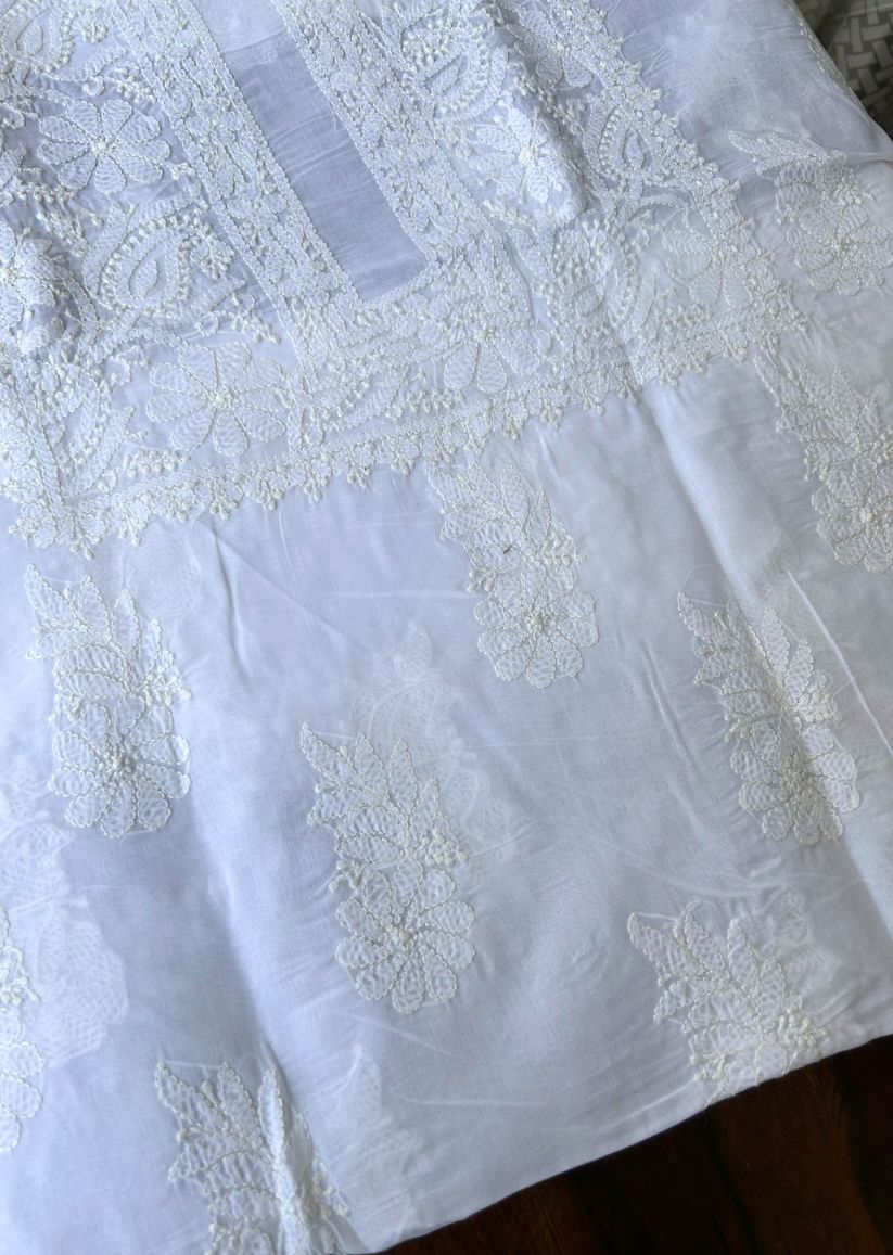 Firgun White Lucknowi Chikankari Cotton Unstitched Kurta