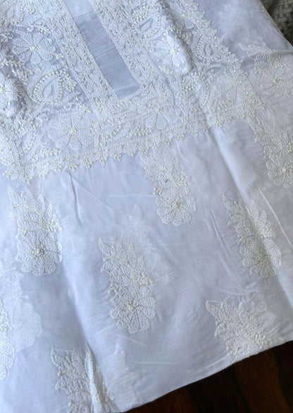 Firgun White Lucknowi Chikankari Cotton Unstitched Kurta