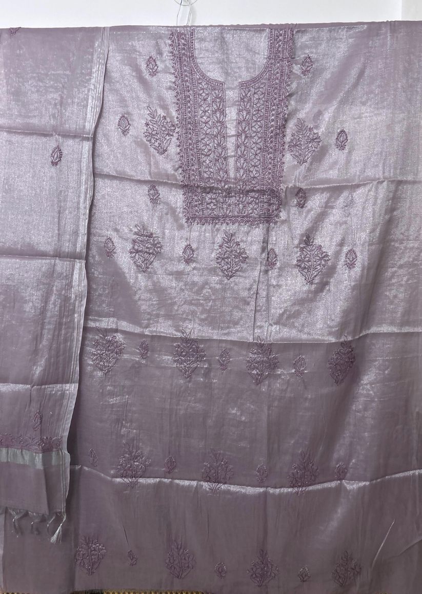 Firgun Dusty Lavender Lucknowi Chikankari Chanderi Silver Tissue Kurta Dupatta Set