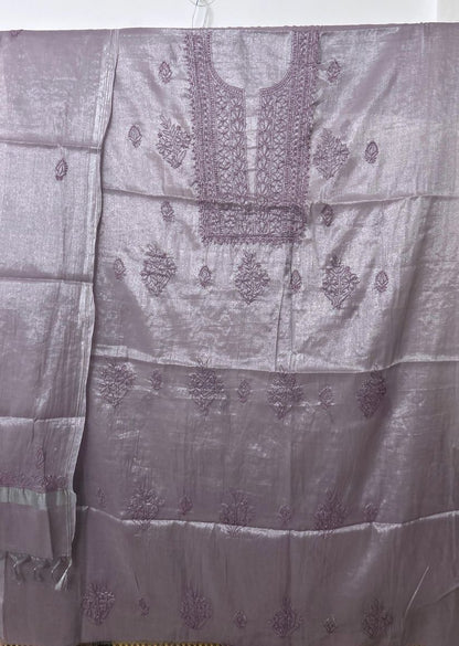 Firgun Dusty Lavender Lucknowi Chikankari Chanderi Silver Tissue Kurta Dupatta Set