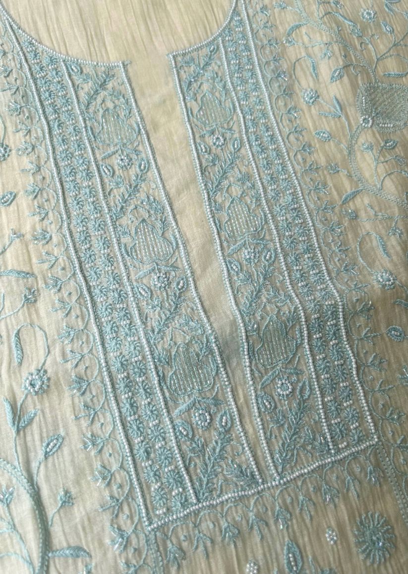 Firgun Ivory & Blue Lucknowi Chikankari Mul Chanderi Unstitched Kurta & Dupatta Set with Pearl & Cutdana Work