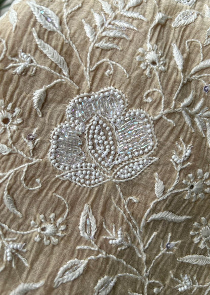 Firgun Beige Lucknowi Chikankari Mul Chanderi Unstitched Kurta & Dupatta Set with Pearl & Cutdana Work
