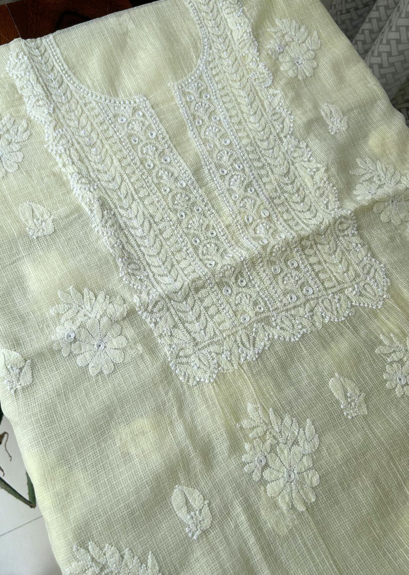 Firgun Lemon Lucknowi Chikankari Kota Unstitched Kurta & Dupatta Set