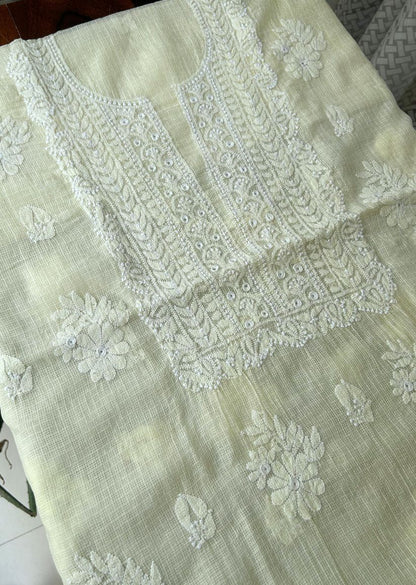 Firgun Lemon Lucknowi Chikankari Kota Unstitched Kurta & Dupatta Set