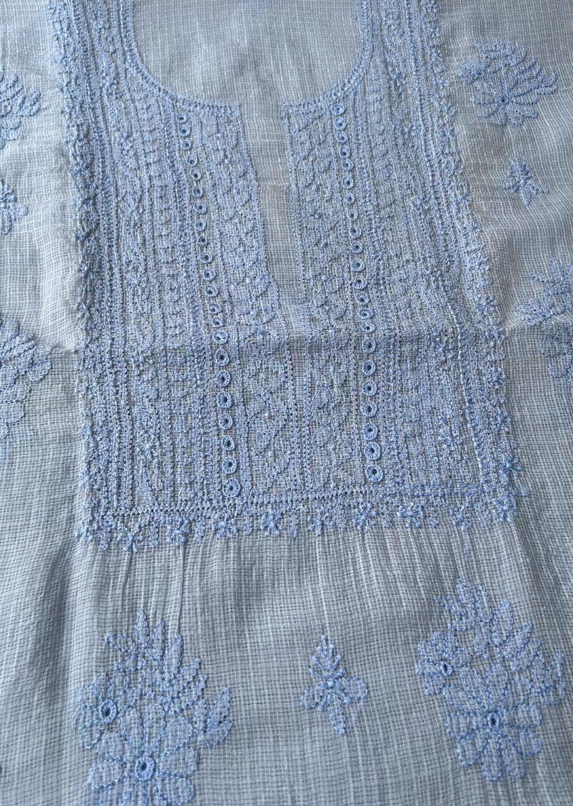 Firgun Sky Blue Lucknowi Chikankari Kota Unstitched Kurta & Dupatta Set