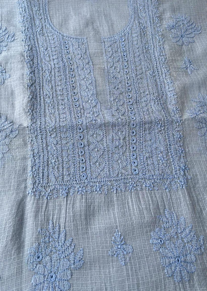 Firgun Sky Blue Lucknowi Chikankari Kota Unstitched Kurta & Dupatta Set