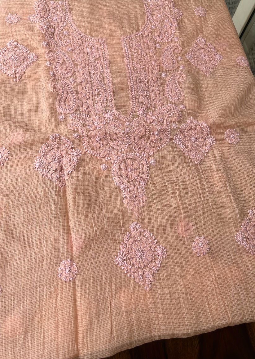 Firgun Orange Lucknowi Chikankari Kota Unstitched Kurta & Dupatta Set