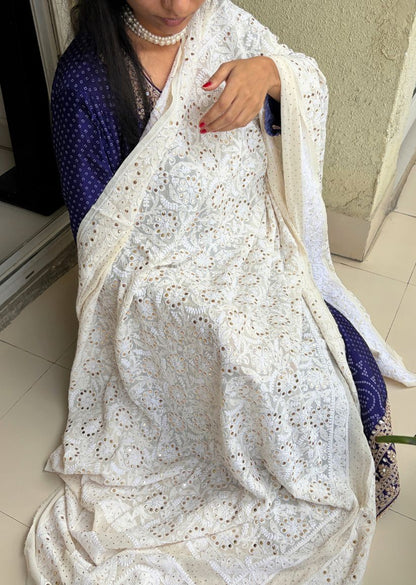 Firgun Cream Lucknowi Chikankari Pure Georgette Mukaish Work Dupatta
