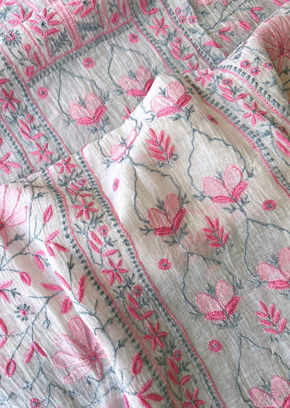 Firgun White Lucknowi Chikankari with Pink & Grey Work Mul Chanderi Unstitched Kurta & Dupatta Set