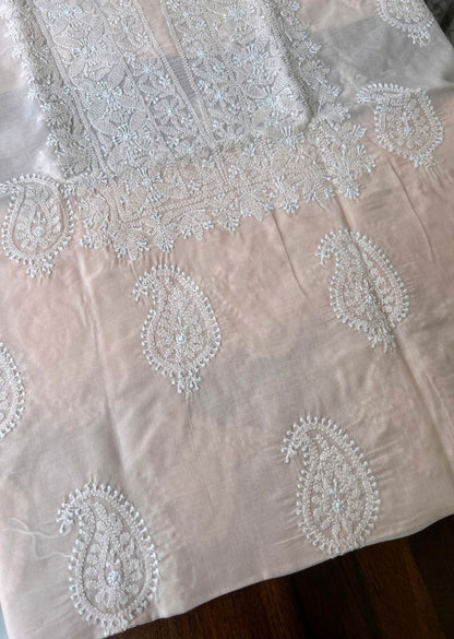 Firgun Light Peach Lucknowi Chikankari Cotton Unstitched Kurta