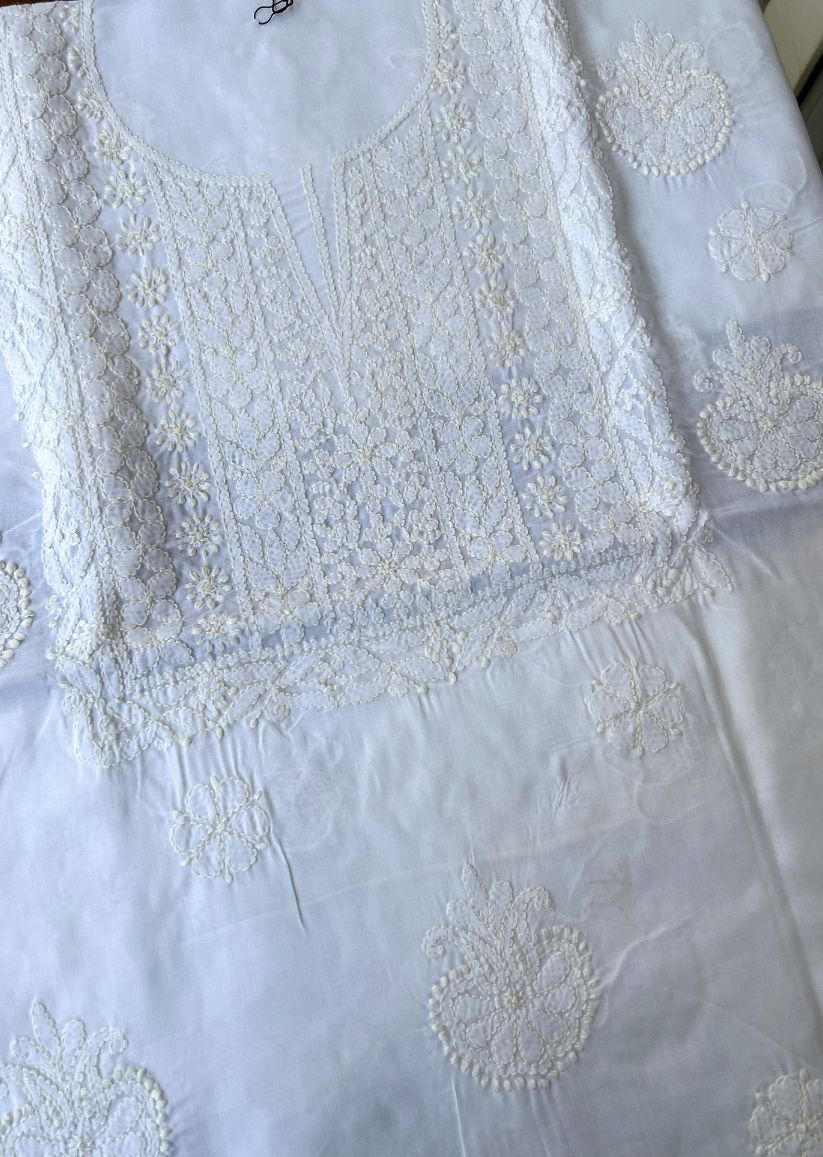 Firgun White Lucknowi Chikankari Cotton Unstitched Kurta
