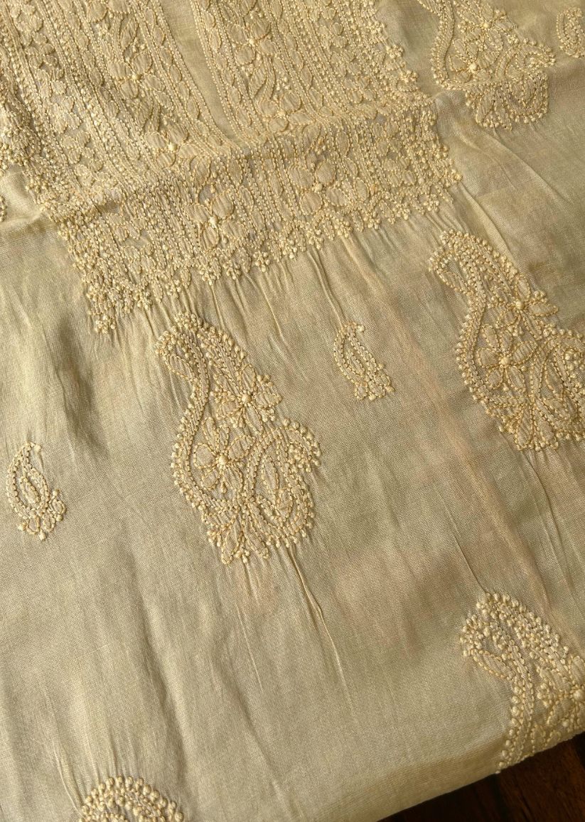 Firgun Yellow Lucknowi Chikankari Chanderi Silver Tissue Kurta Dupatta Set