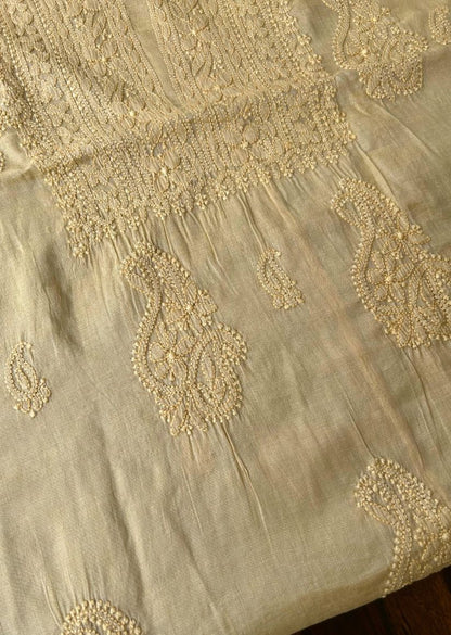 Firgun Yellow Lucknowi Chikankari Chanderi Silver Tissue Kurta Dupatta Set