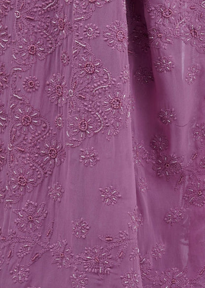 Firgun Wine Lucknowi Chikankari Viscose Georgette Saree with Unstitched Blouse Piece