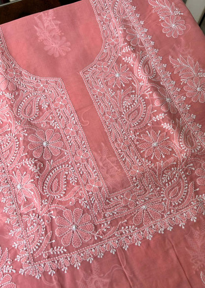 Firgun Peach Lucknowi Chikankari Cotton Unstitched Kurta