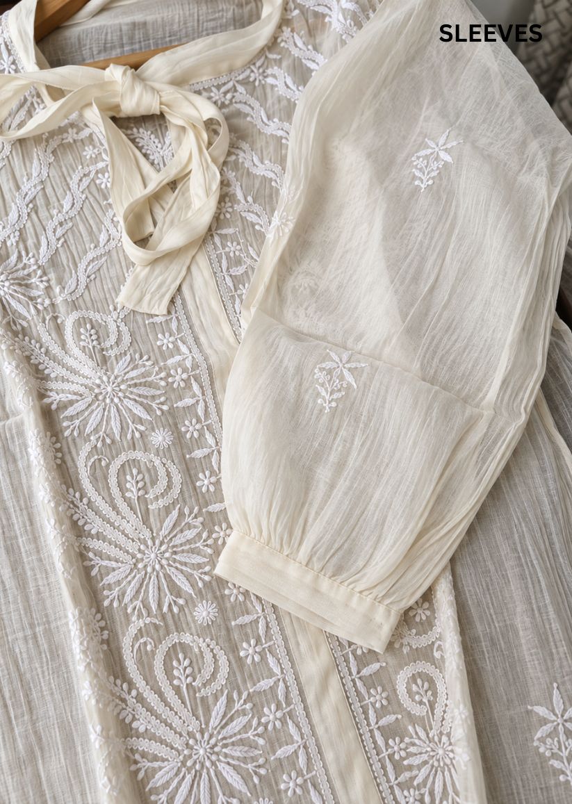 Firgun Cream Lucknowi Chikankari Mul Chanderi Semi-Stitched Shirt