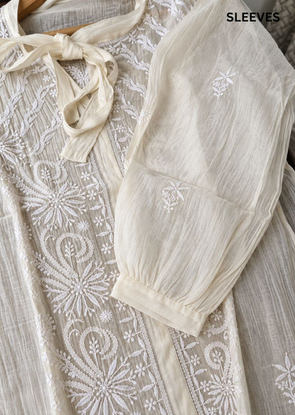 Firgun Cream Lucknowi Chikankari Mul Chanderi Semi-Stitched Shirt