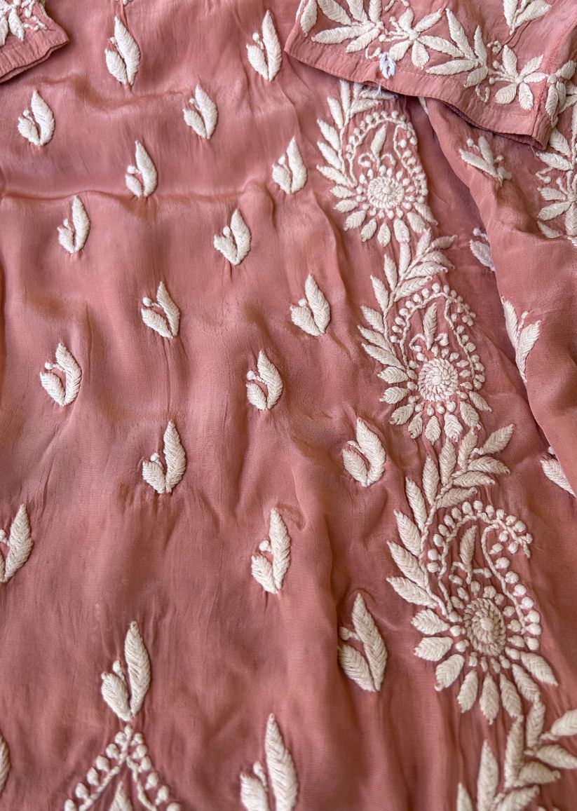 Firgun Peach Lucknowi Chikankari Silk Straight Kurta