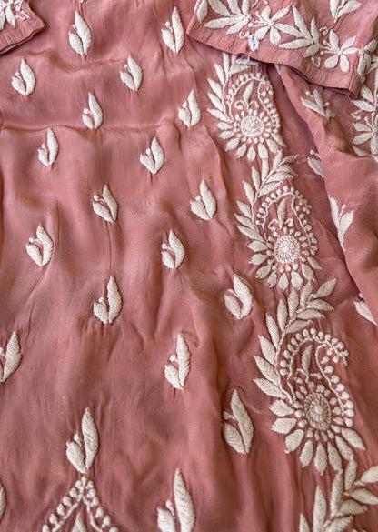 Firgun Peach Lucknowi Chikankari Silk Straight Kurta