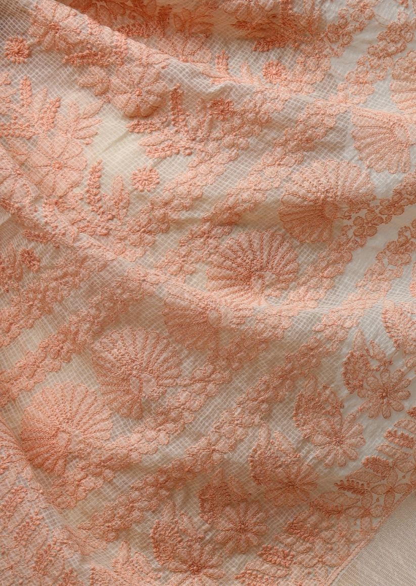 Firgun Beige Lucknowi Chikankari Cotton Saree with Unstitched Blouse Piece