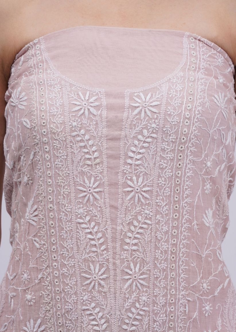 Firgun Pale Pink Lucknowi Chikankari Mul Chanderi Unstitched Kurta & Dupatta Set
