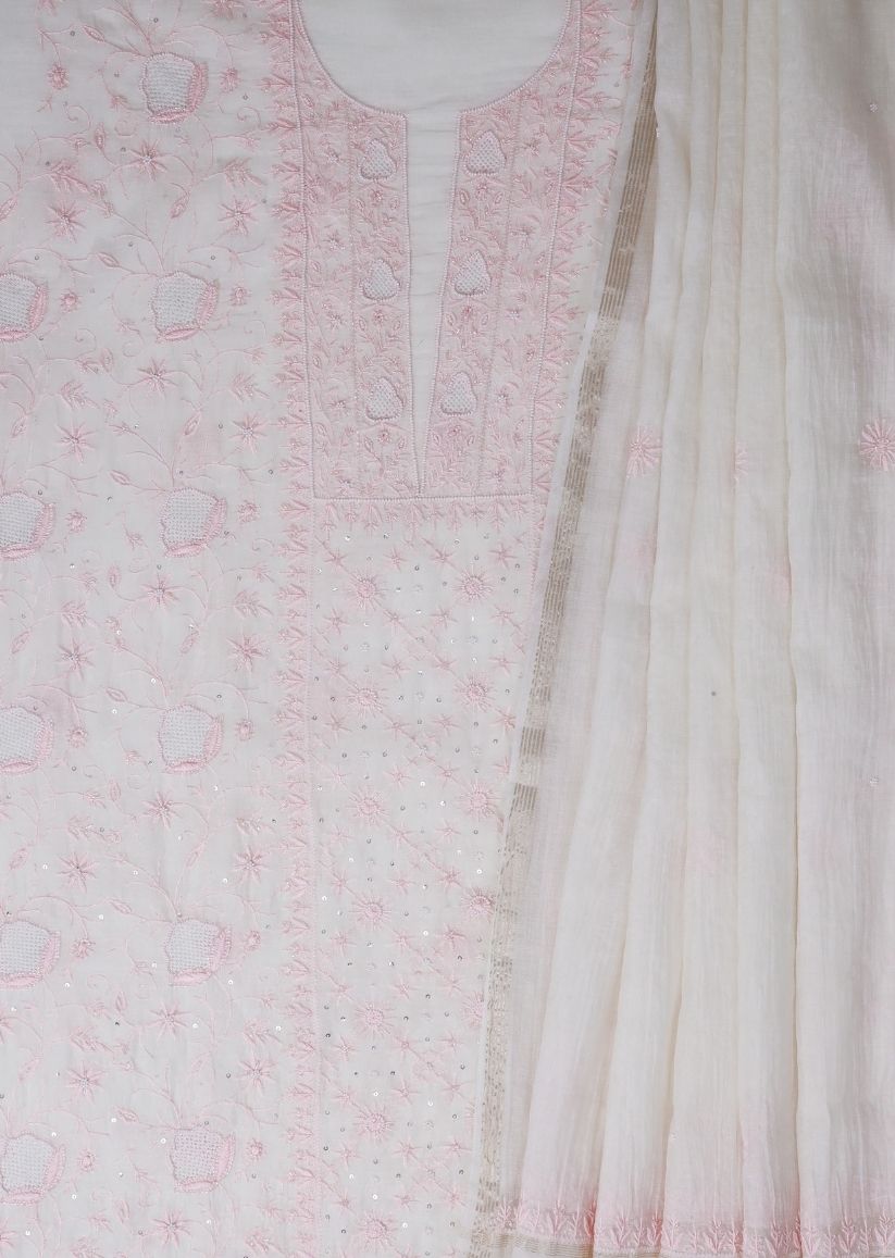 Firgun White & Pink Lucknowi Chikankari Mul Chanderi Unstitched Kurta & Dupatta Set
