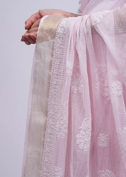 Firgun Baby Pink Lucknowi Chikankari Kota Doria Saree with Unstitched Blouse Piece