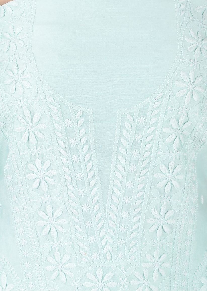Firgun Mint Green Lucknowi Chikankari Chanderi Unstitched Kurta & Dupatta Set
