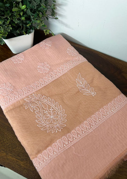 Firgun Orange Lucknowi Chikankari Mul Cotton Saree with Unstitched Blouse Piece