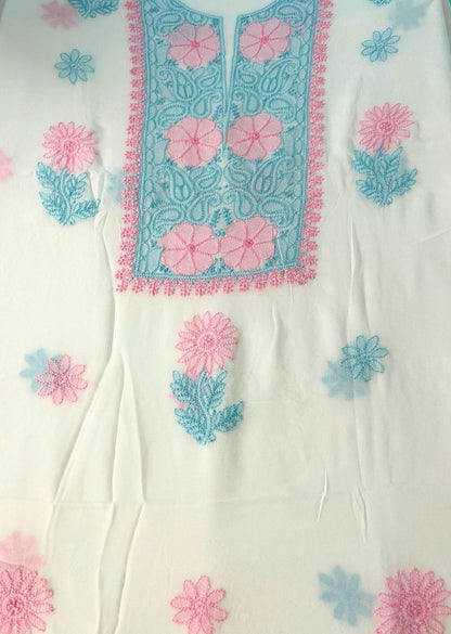 Firgun White Multi Colour Lucknowi Chikankari Viscose Georgette Unstitched Kurta & Dupatta Set