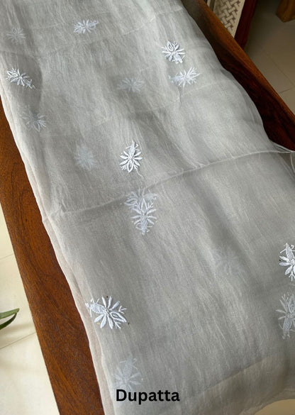 Firgun Grey Lucknowi Chikankari Pure Organza Unstitched Kurta & Dupatta Set