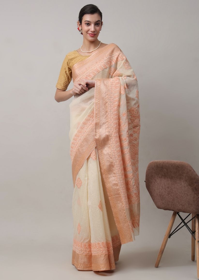 Firgun Beige Lucknowi Chikankari Cotton Saree with Unstitched Blouse Piece