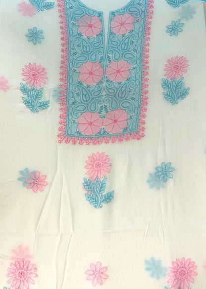 Firgun White Multi Colour Lucknowi Chikankari Viscose Georgette Unstitched Kurta & Dupatta Set