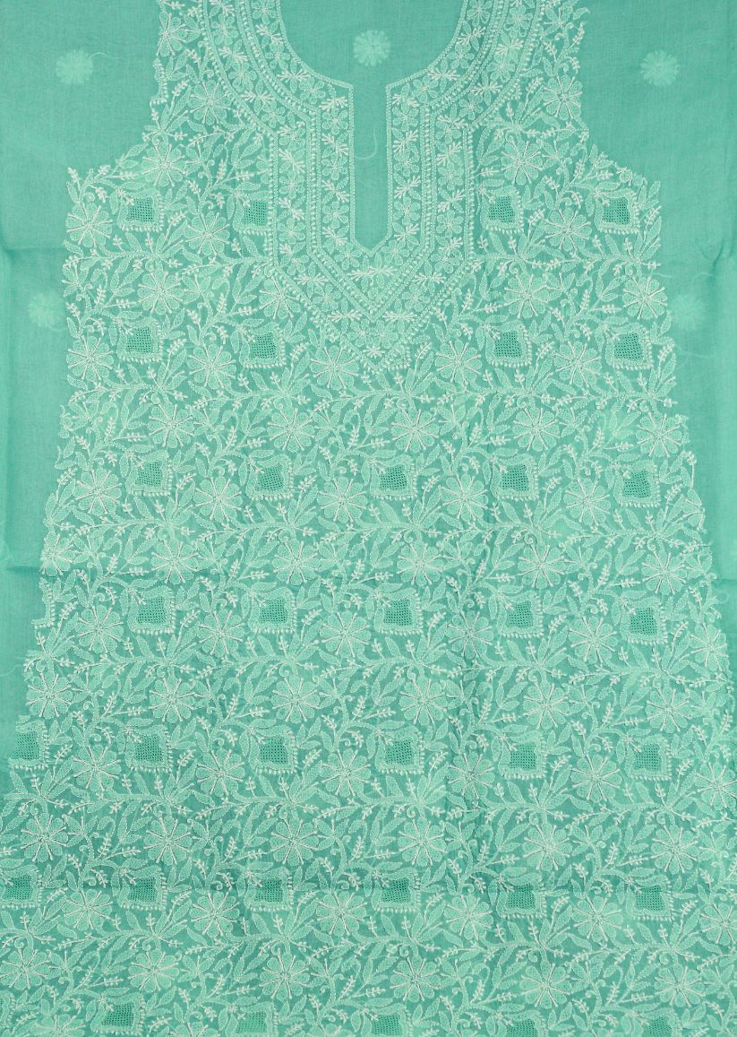 Firgun Sea Green Lucknowi Chikankari Cotton Unstitched Kurta
