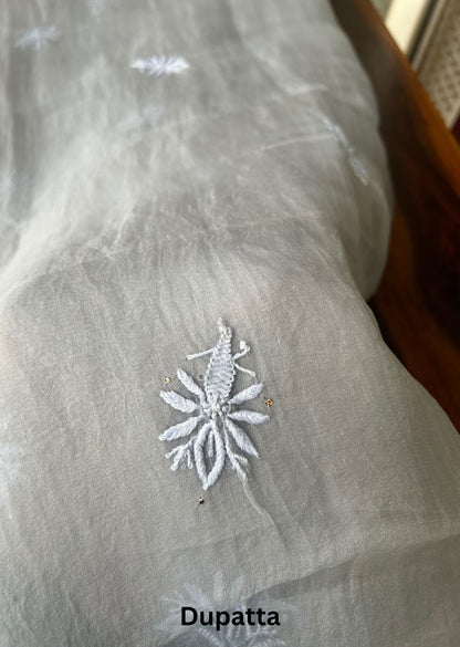 Firgun Grey Lucknowi Chikankari Pure Organza Unstitched Kurta & Dupatta Set