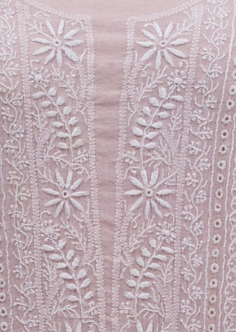 Firgun Pale Pink Lucknowi Chikankari Mul Chanderi Unstitched Kurta & Dupatta Set