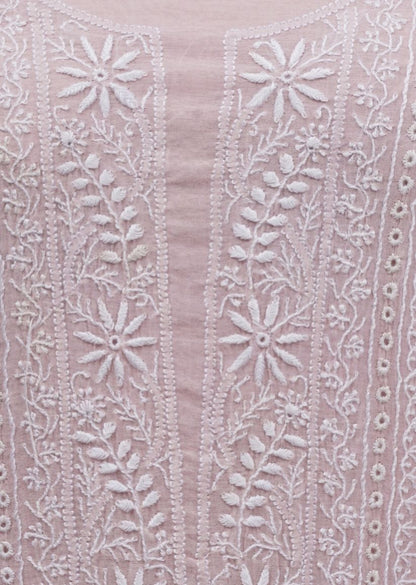 Firgun Pale Pink Lucknowi Chikankari Mul Chanderi Unstitched Kurta & Dupatta Set